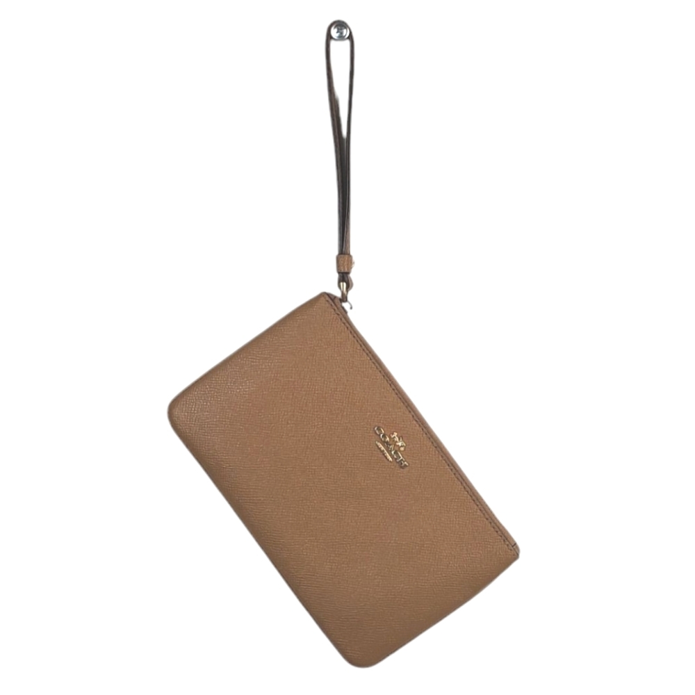 COACH Tan Saffiano Leather Zip Wristlet Wallet Gold Logo